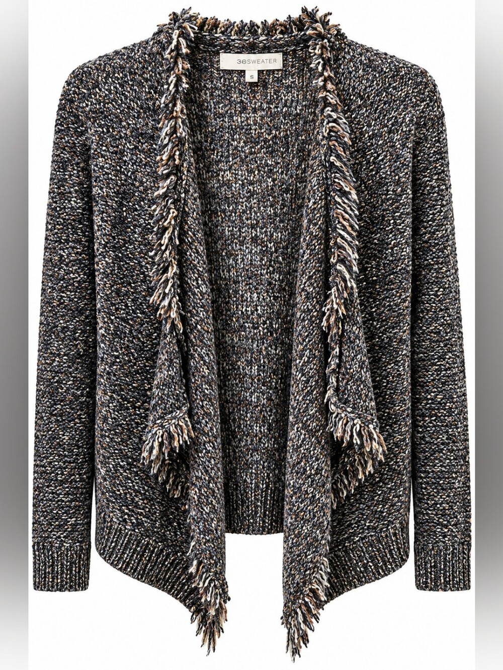 360 Sweater Marled Black Fringe Open-Front Cardigan